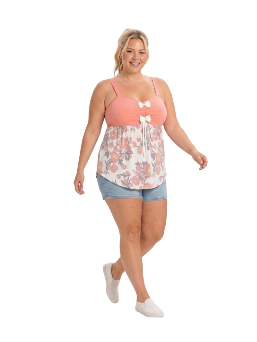 Rosegal 4X US 22 Blush Coral Floral Sheer Babydoll Tunic Tank